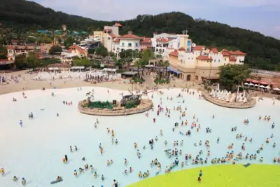 Caribbean Bay's giant outdoor wave pool fulled with children and adults in summer