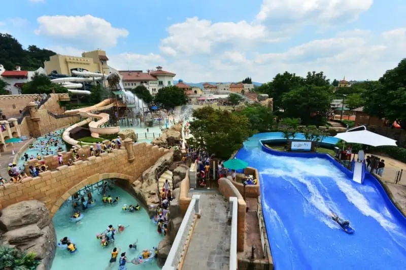 People enjoying the slides at Carribean Bay Water Park in Yongin near Seoul