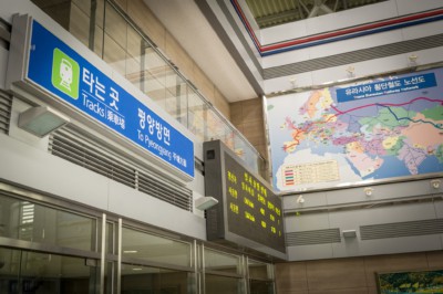 An information board directing passengers to board the train for Pyongyang at Dorasan Station located inside the DMZ