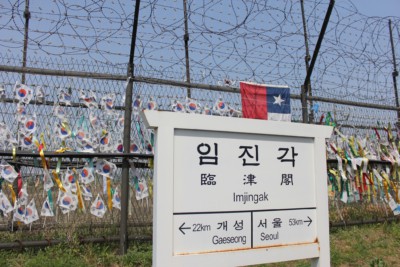 A sign at Imjingak Park showing the distance to Seoul is 53 km, while Kaesong is just 22 km away.