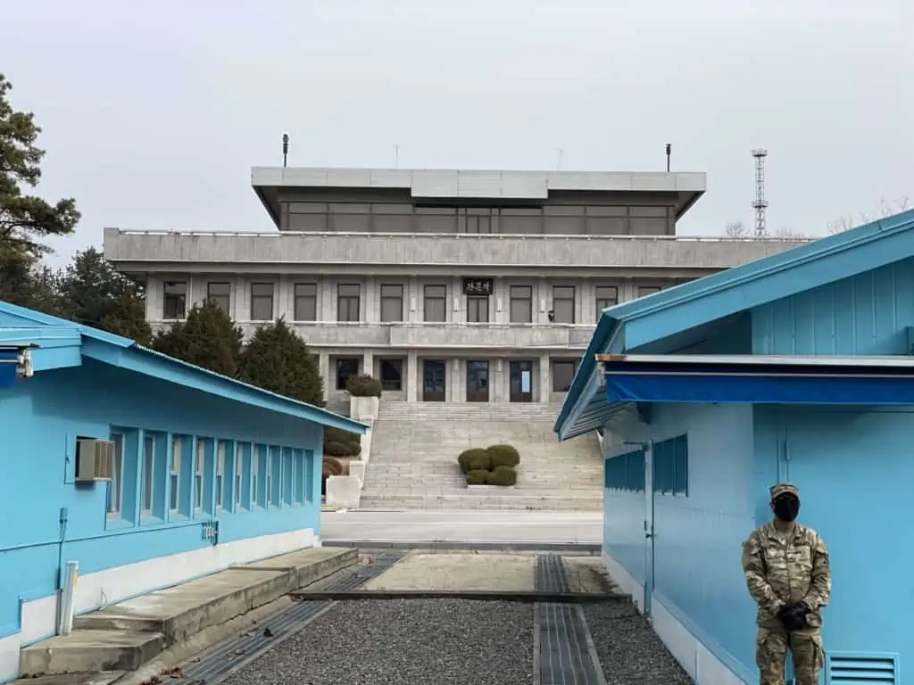 Looking across the demarcation line in the Join Security Area at the Panmungak building aka Phanmun Pavilion