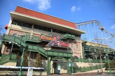 Looking up at the Rolling X-Train ride from its entrance inside Everland Theme Park Korea