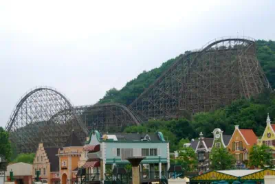 Looking at Everland Theme Park Korea's famous T-Express wooden roller coaster ride from a far