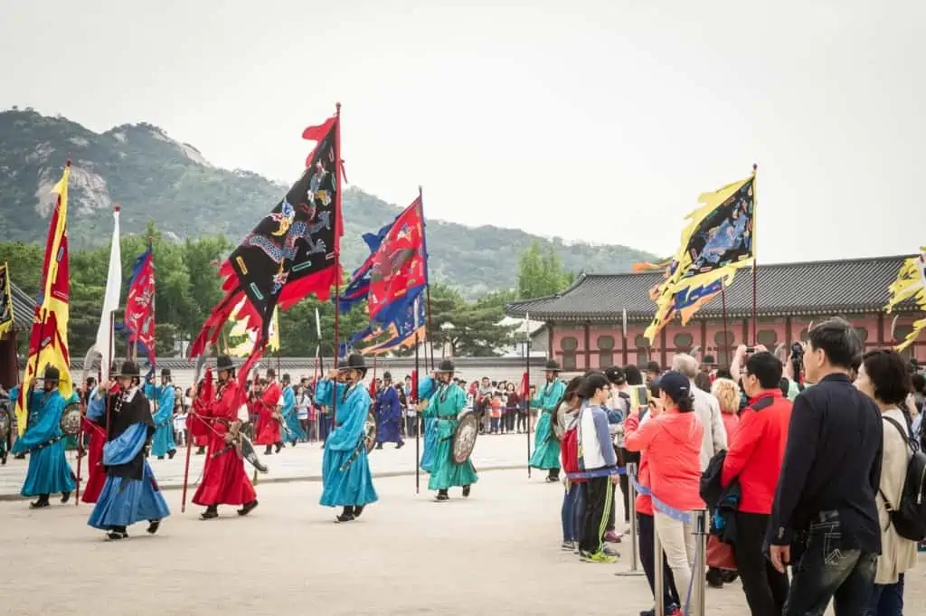 Changing of the guards ceremony taking place outside Gyeongbokgung Palace