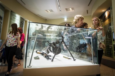 A glass box gun display in the DMZ Theater and Exhibition hall