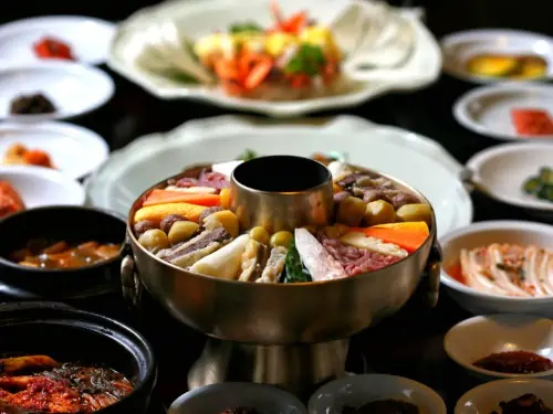 Traditional Korean style full course meal being served at Korea House