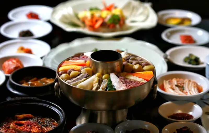 Traditional Korean style full course meal being served at Korea House