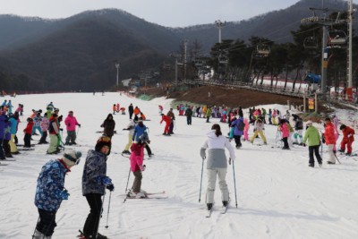 한국의 지산 스키 리조트 패키지 투어에서 스키를 배우는 사람들