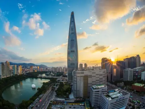 A view of the beautiful Gangnam district of Seoul focusing on the elegant Lotte Tower building