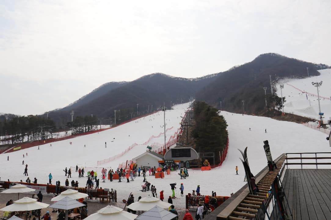 A tour group having fun in the snow on our Jisan Ski Resort package tour