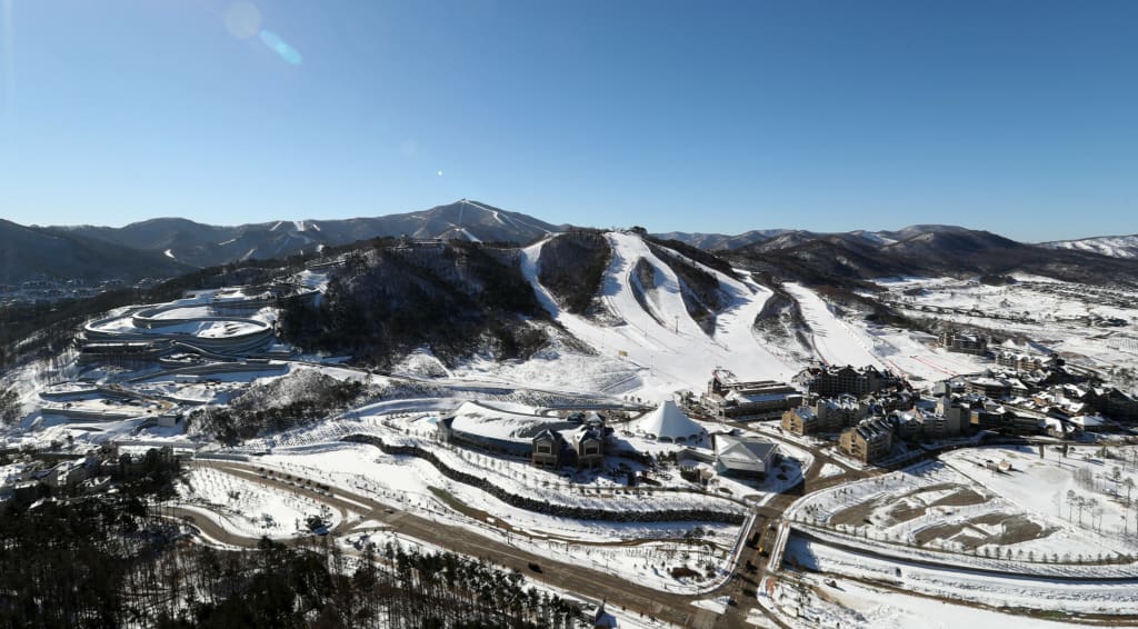 An aerial view of Alpensia Ski Resort covered in snow