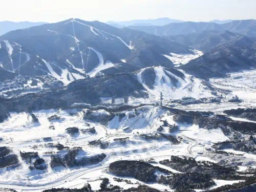 An aerial view of Alpensia Ski Resort covered in snow