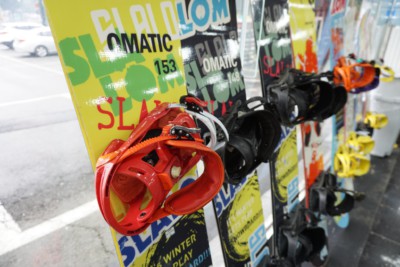 Rental snowboards on display at Alpensia