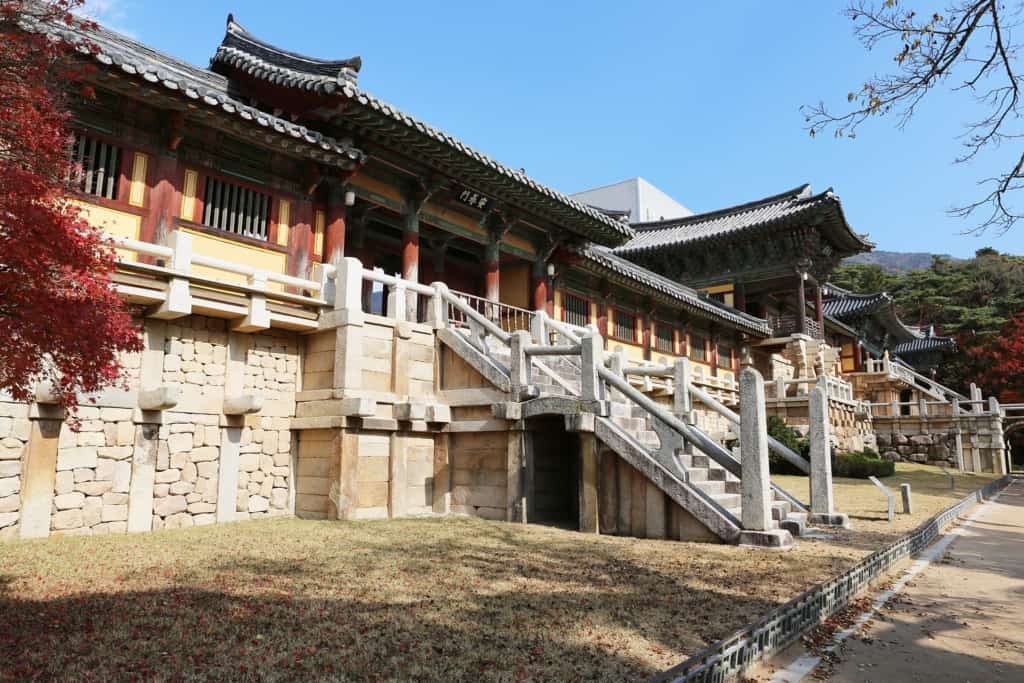 Outside the entrance to Bulguksa temple in Gyeongju as the Autumn leaves just start to change color.