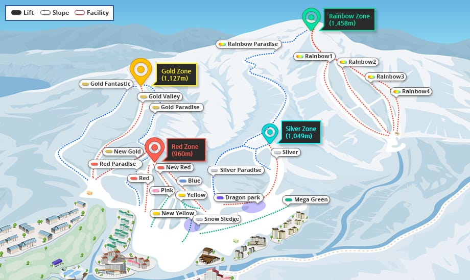 A map of the various slopes at Yongpyong ski resort