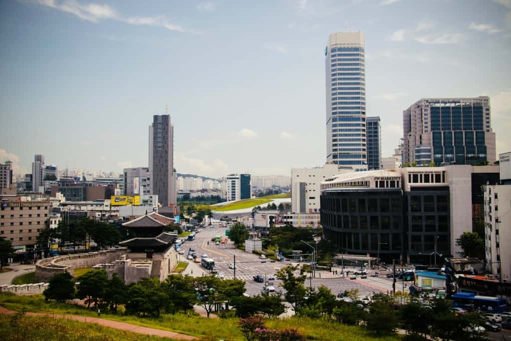 Looking at Dongaemun Gate from afar with during the day clear skies in the background