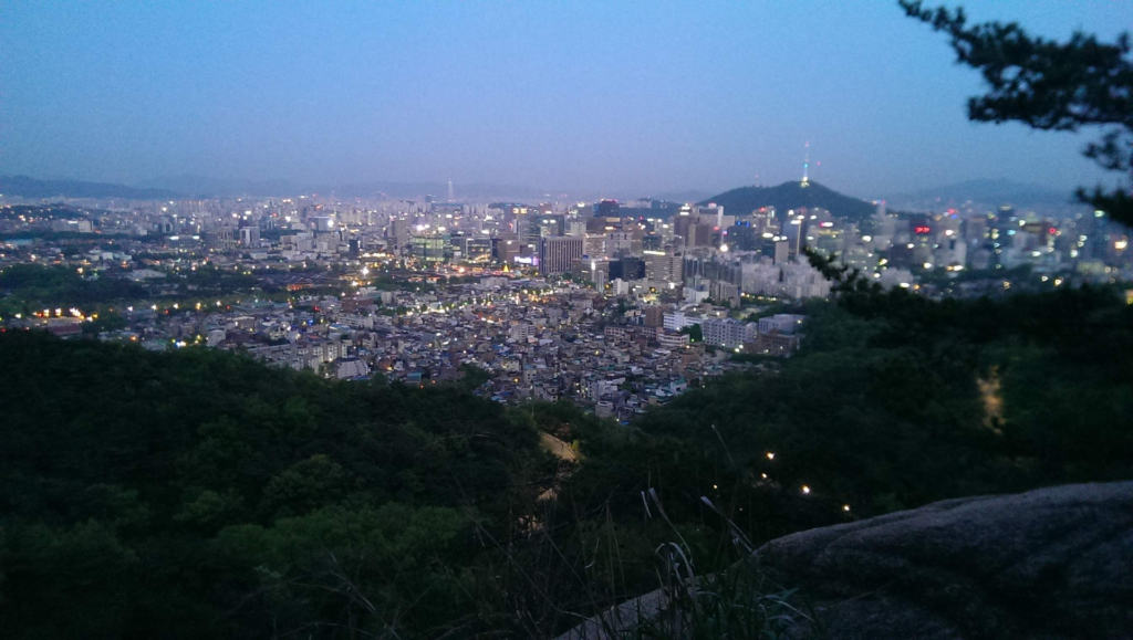 The night view of Seoul city from the top of Inwangsan mountain