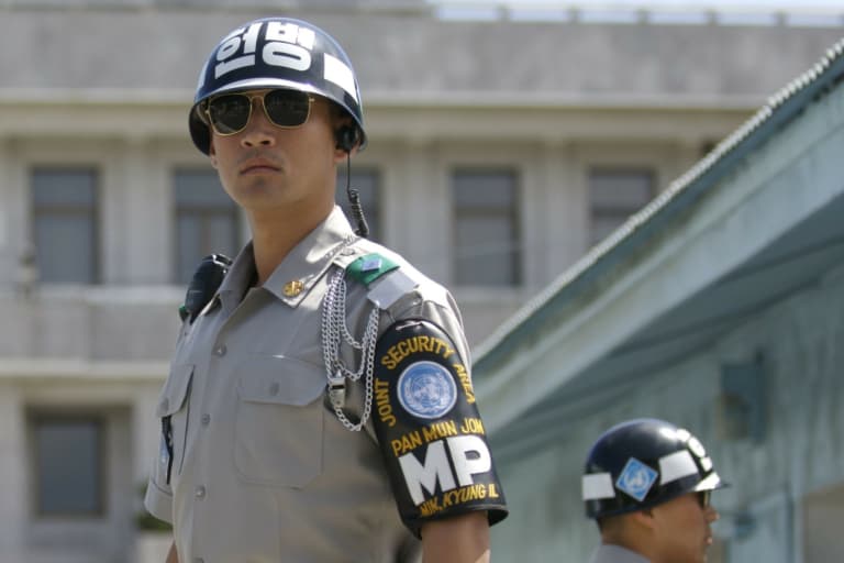 South Korean JSA border guard wearing sunglass at the DMZ in Korea