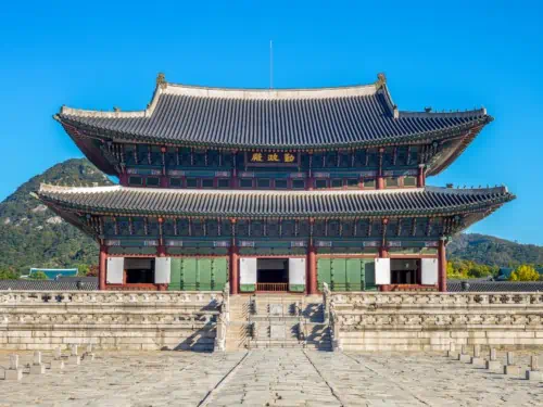 A photo of the exterior of Geunjeongjeon the main throne hall at Gyeongbokgung Palace