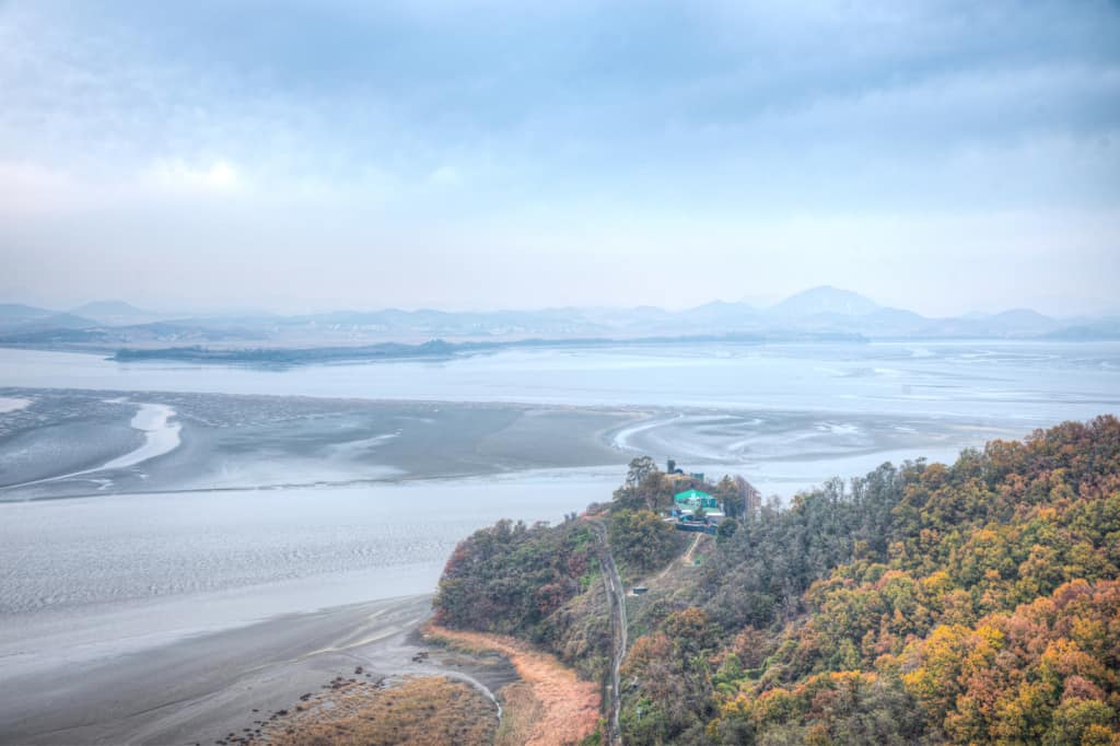 View of North Korea looking across Imjin River from Odu Unification Observatory at the top of Odu Mountain