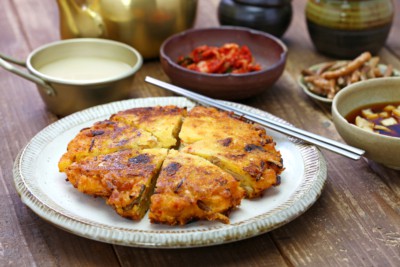 Bindaetteok Korean Mung Bean Pancake A Bindaetteok (Korean Mung Bean Pancake) cut up into 6 pieces accompanies with a soy based dipping sauce and kimchi