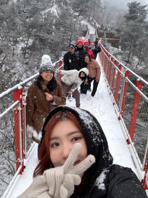 Taking beautiful winter selfies on Gamaksan Suspension Bridge