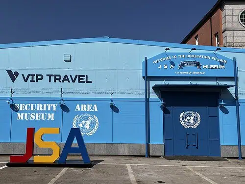 Outside the interactive JSA Museum located in Unification Village with the Demilitarized Zone