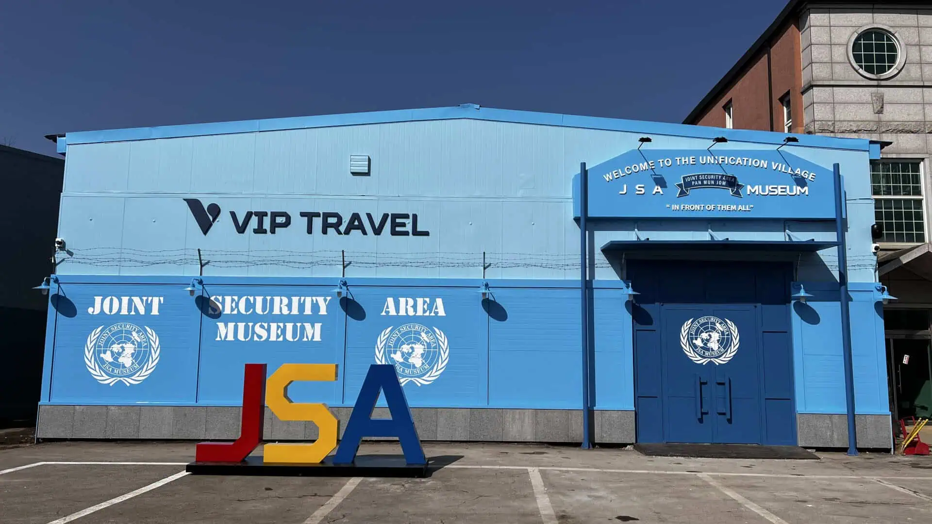 Outside the interactive JSA Museum located in Unification Village with the Demilitarized Zone